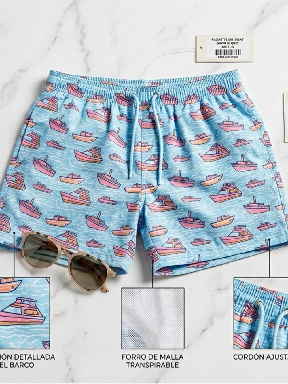 Snapper Rock Light Blue Swim Trunks with Pink & Orange Boat Print